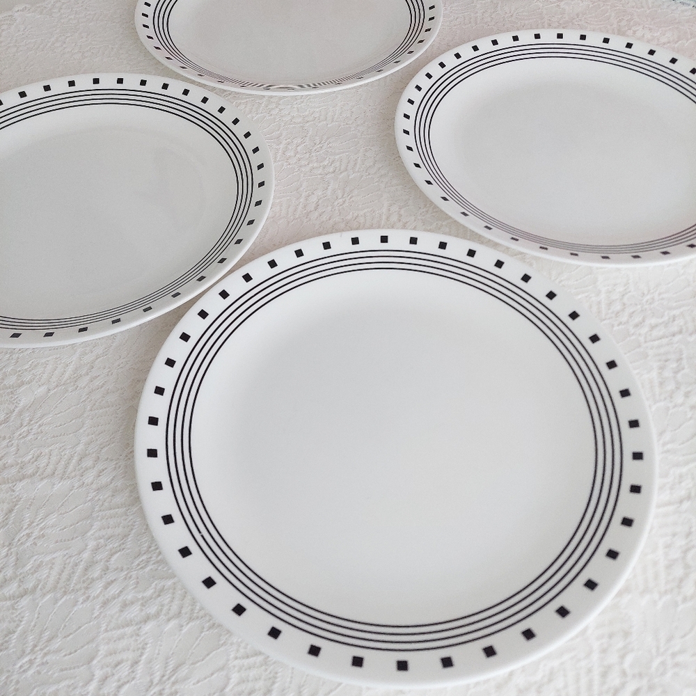 4pc Corelle City Block Dinner Plates Black White Geometric Vitrelle Dinnerware